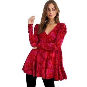 NWOT FREE PEOPLE Tunic Top S Red Floral Puff-Ruch-Long-Sleeve “Hello Lover”